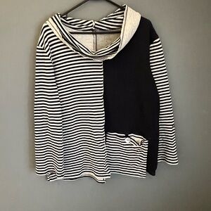 Neon Buddha Striped Cowl Neck Knit Top Navy Blue Gray Size XL Lagenlook Tunic